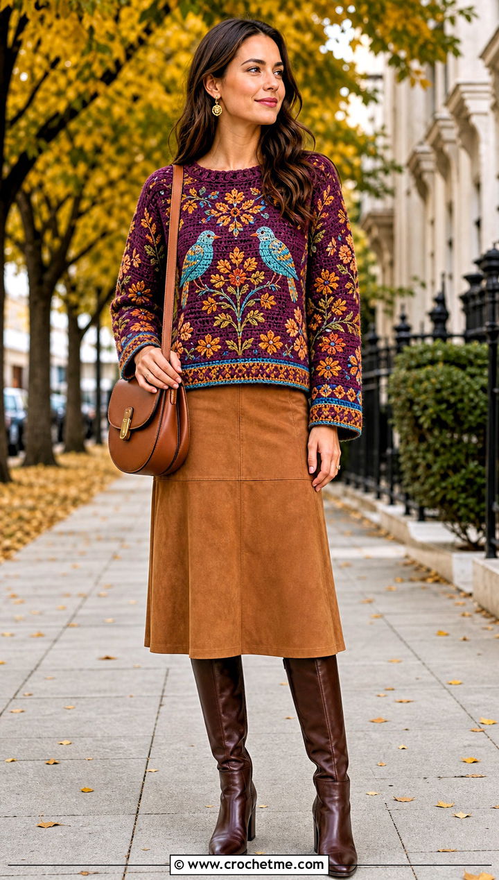 Folk Motif Tapestry Crochet Jumper With Suede Skirt - 30 Tapestry Crochet Jumper outfit ideas