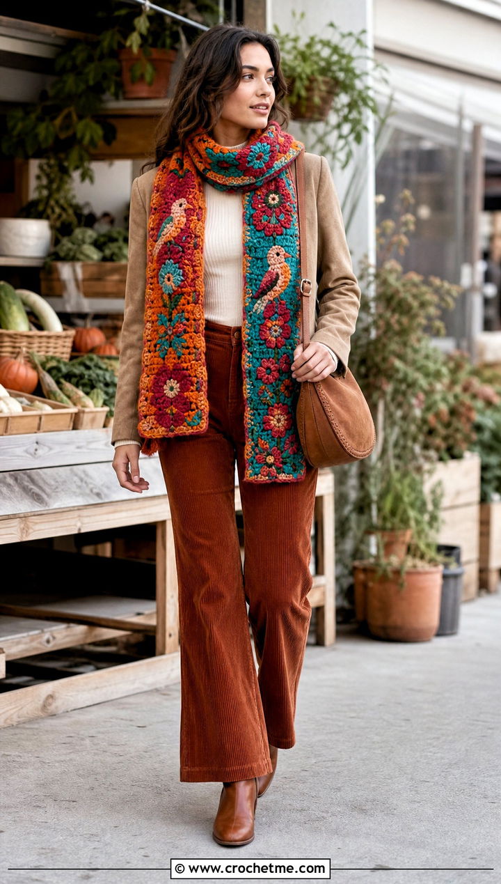 Folk Motif Tapestry Crochet Scarf With Corduroy Outfit - 35 tapestry crochet scarf outfit ideas