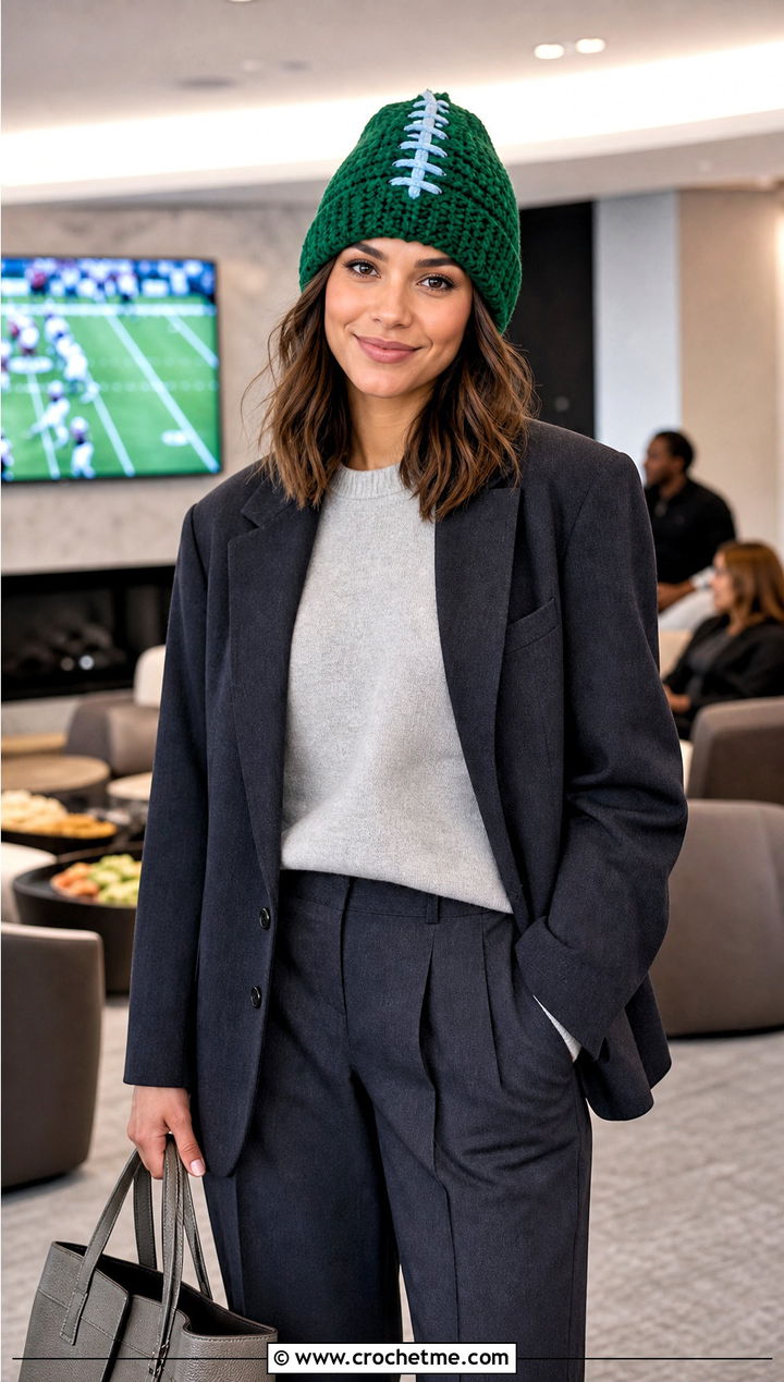 Football Lace Crochet Beanie With Oversized Blazer - 15 Crochet Football Team Hat outfit ideas