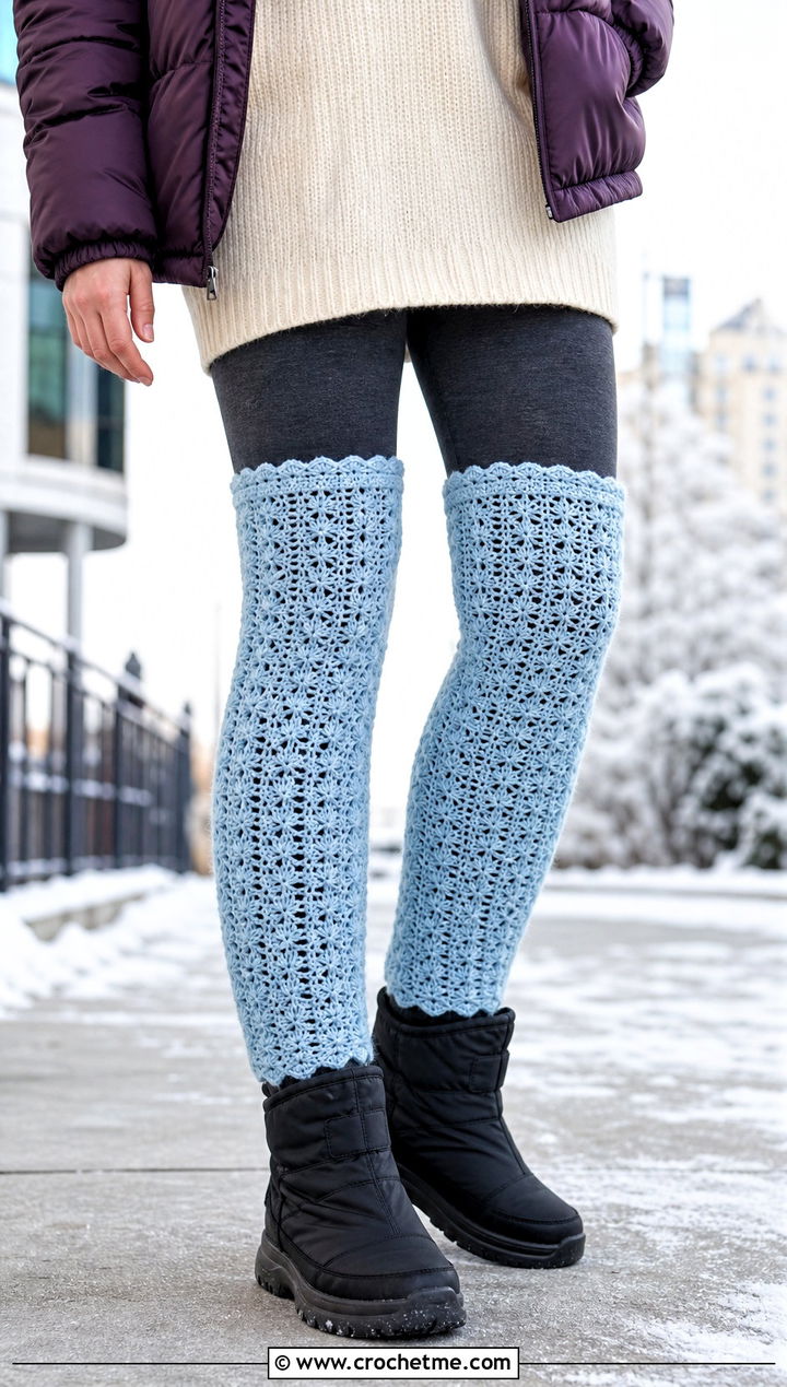 Footless Crochet Thigh High Socks With Puffer Jacket - 30 crochet long socks outfit ideas