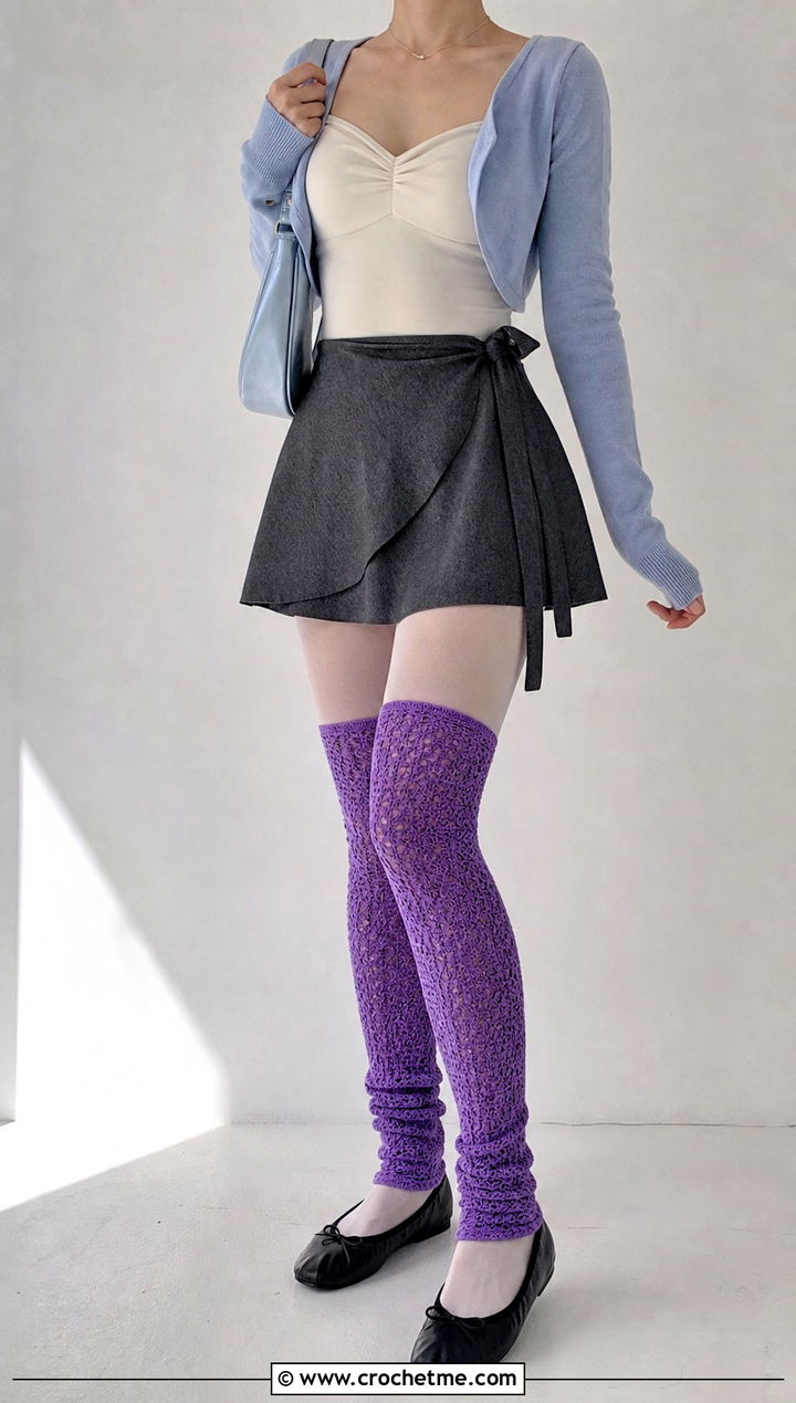 Footless Thigh High Crochet Socks With Ballet Flats - 35 thigh high crochet socks outfit ideas