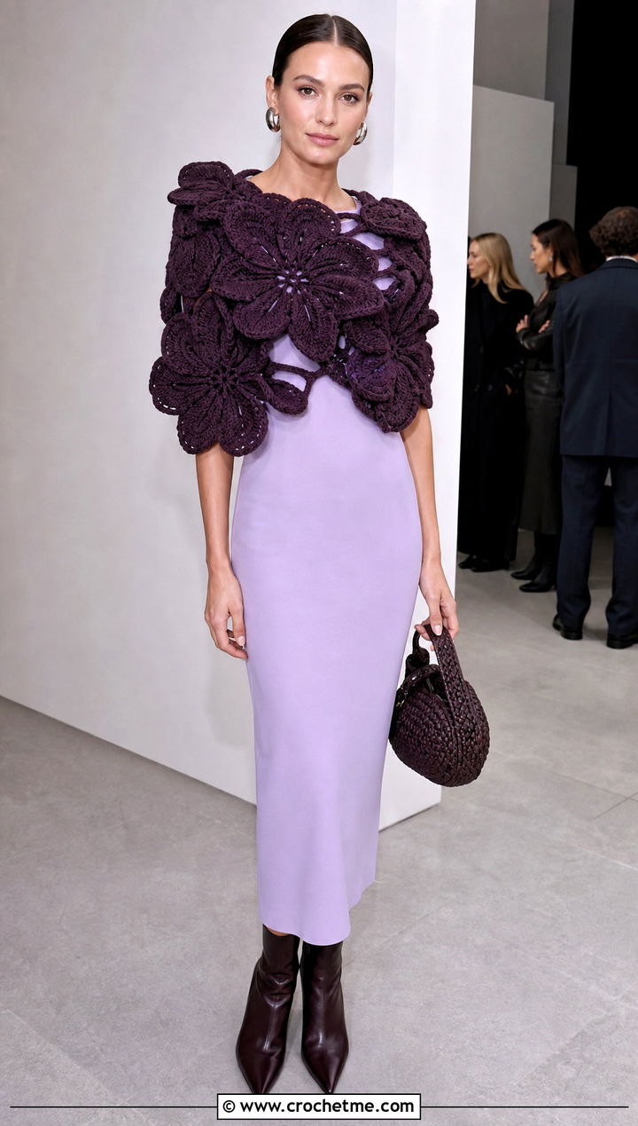 Forainterieurs Flower Shawl With Column Dress And Boots - 15 sophie digard crochet shawl outfit ideas