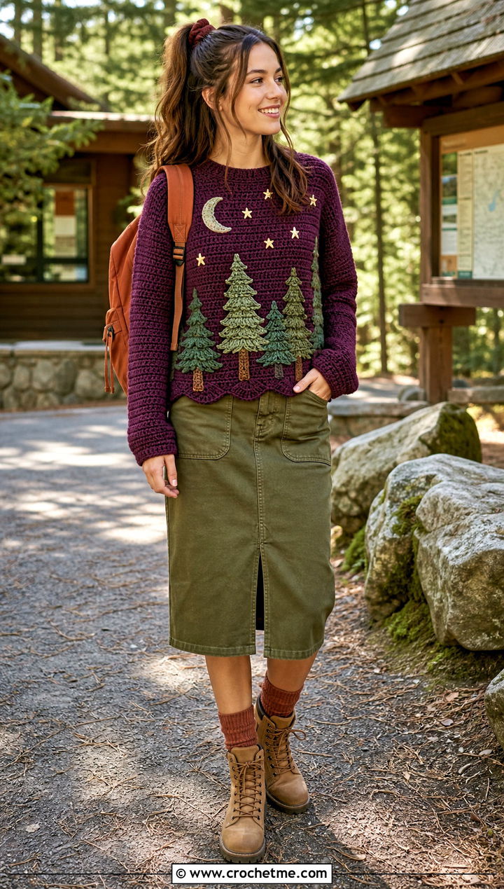 Forest Crochet Mabel Pines Sweater With Utility Skirt - 30 crochet mabel pines sweater outfit ideas