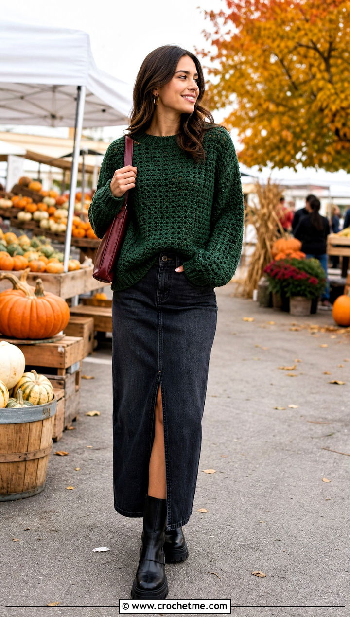 Forest Green Chunky Crochet Jumper With Denim Maxi Skirt - 30 green crochet jumper outfit ideas