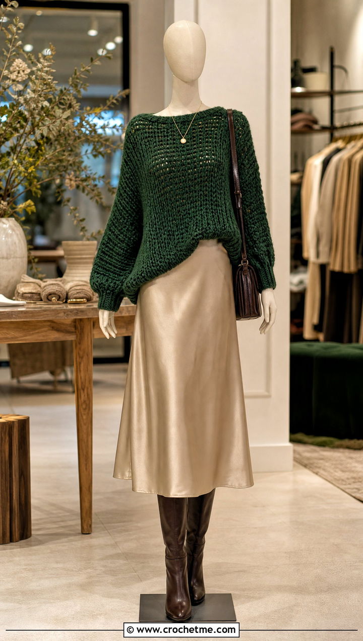 Forest Green Oversized Crochet Sweater With Satin Midi Skirt - 15 Green Crochet Sweater On Mannequin outfit ideas