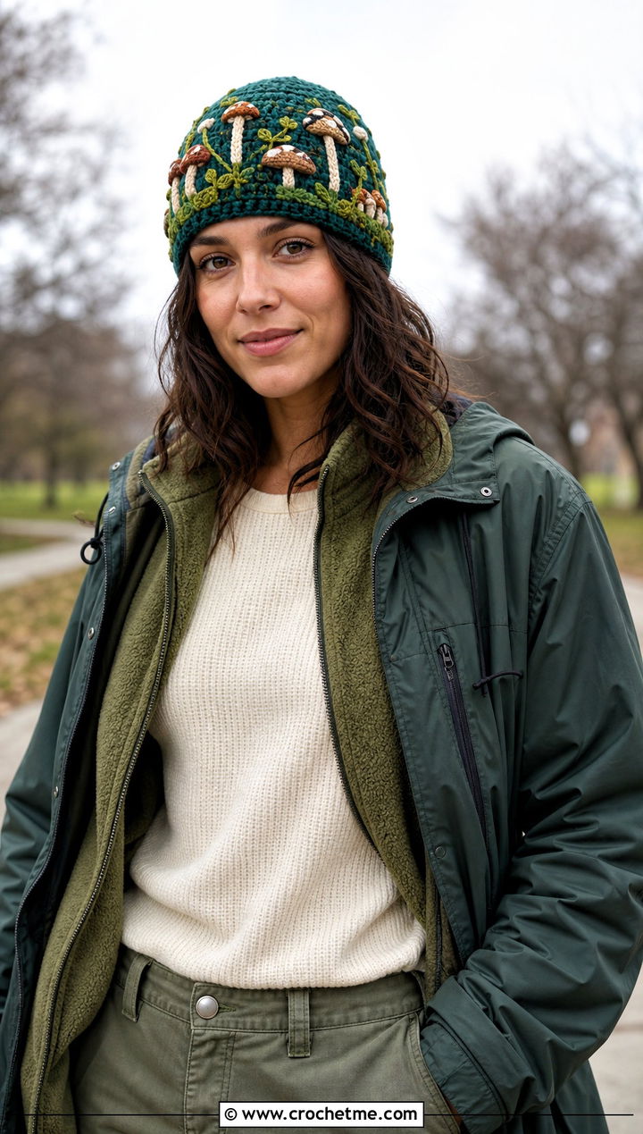 Forest Mushroom Beanie With Cargo Pants And Fleece - 20 crochet mushroom beanie outfit ideas