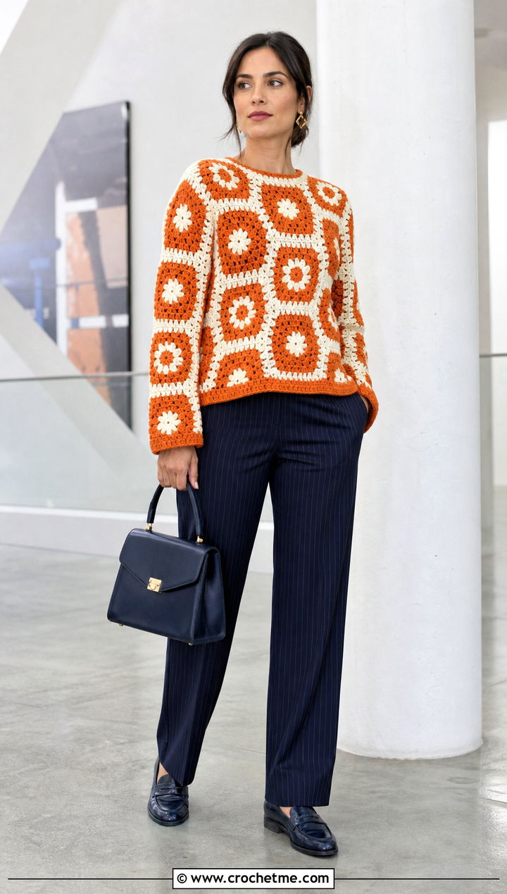 Fountain Flower Granny Square Sweater With Pinstripe Pants - 30 flower granny square sweater outfit ideas