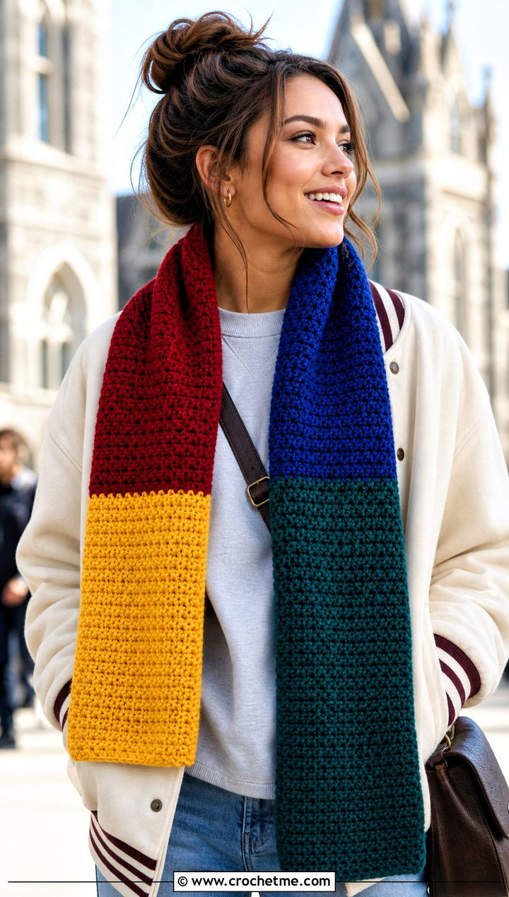 Four House Color Block Crochet Hogwarts Scarf With Varsity Jacket - 30 crochet hogwarts scarf outfit ideas