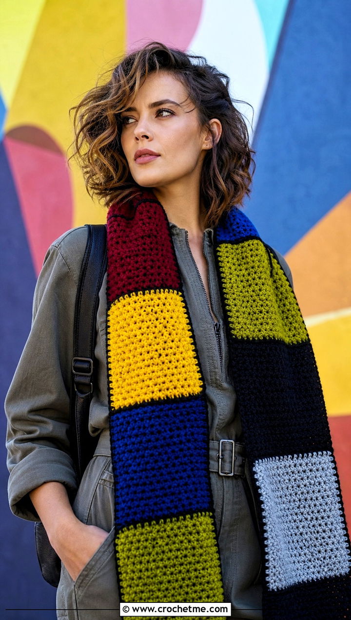 Four House Patchwork Crochet Hogwarts Scarf With Utility Jumpsuit - 30 crochet hogwarts scarf outfit ideas