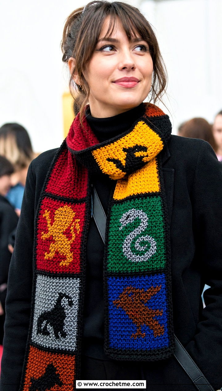 Four House Sampler Crochet Harry Potter Scarf With Black Basics - 35 crochet harry potter scarf outfit ideas