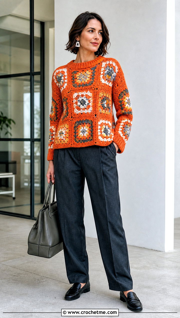 Four Square Crochet Pullover With Tailored Trousers - 25 Square Crochet Sweater outfit ideas