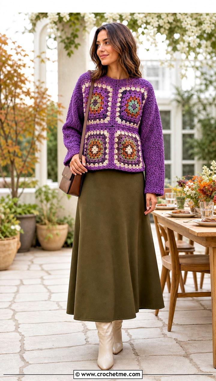 Four Square Crochet Sweater With Maxi Skirt - 30 crochet sweater with granny squares outfit ideas