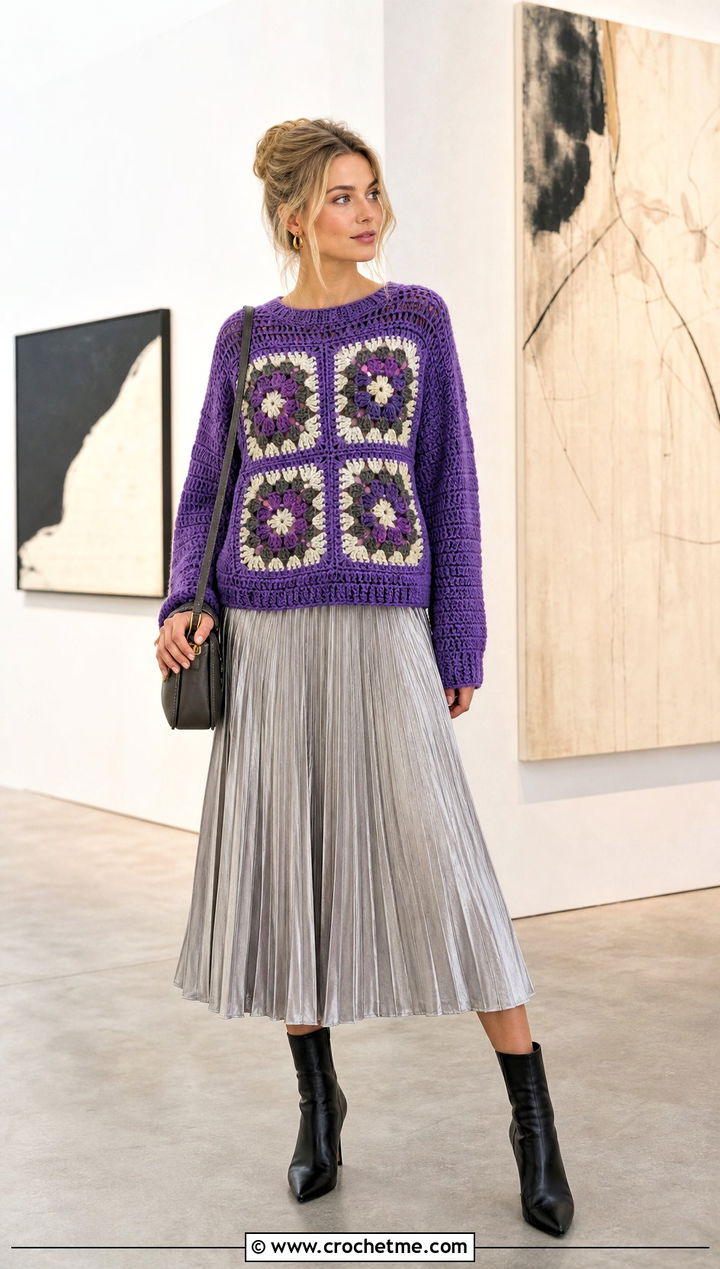 Four Square Crochet Sweater With Pleated Midi Skirt - 25 granny square stitch sweater outfit ideas