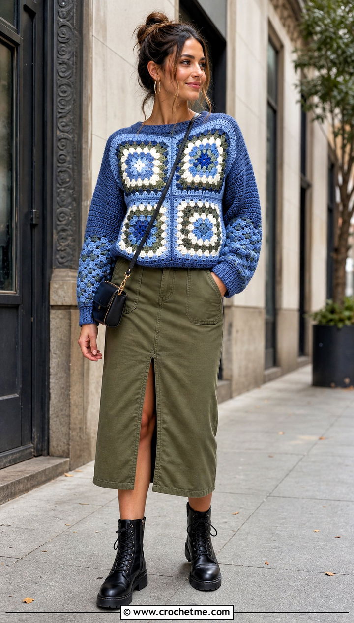 Four Square Granny Pullover With Utility Midi Skirt - 25 granny crochet sweater outfit ideas