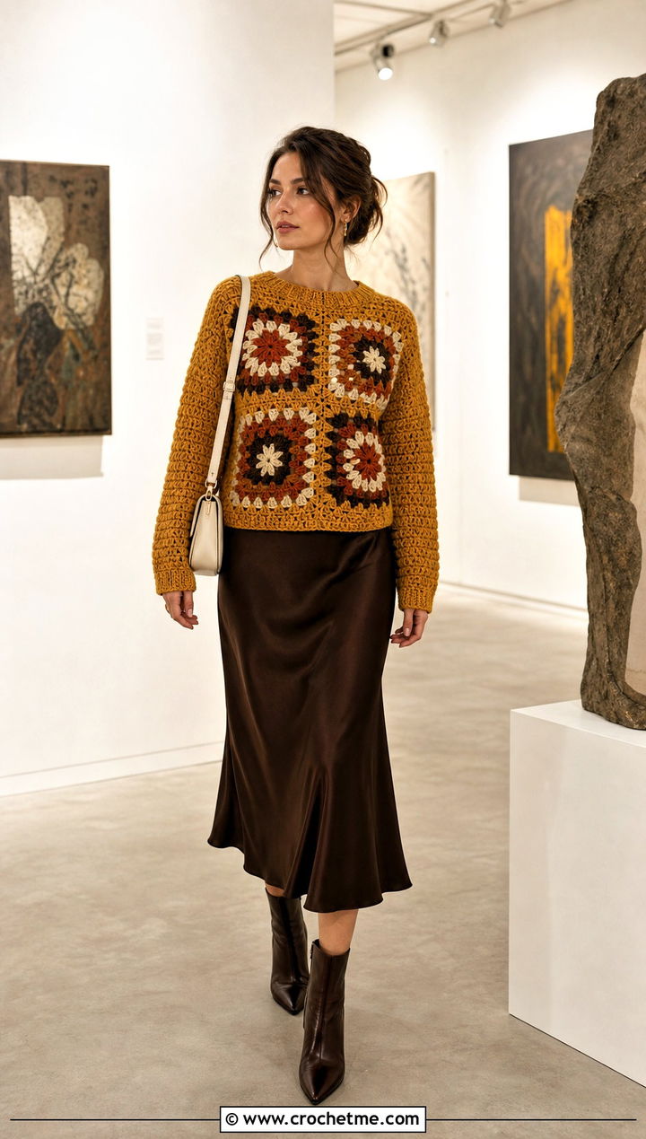 Four Square Granny Square Pullover Sweater With Bias Cut Skirt - 35 Granny Square Pullover Sweater outfit ideas