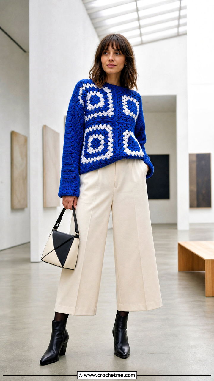 Four Square Granny Square Pullover With Culottes - 35 crochet granny square pullover outfit ideas
