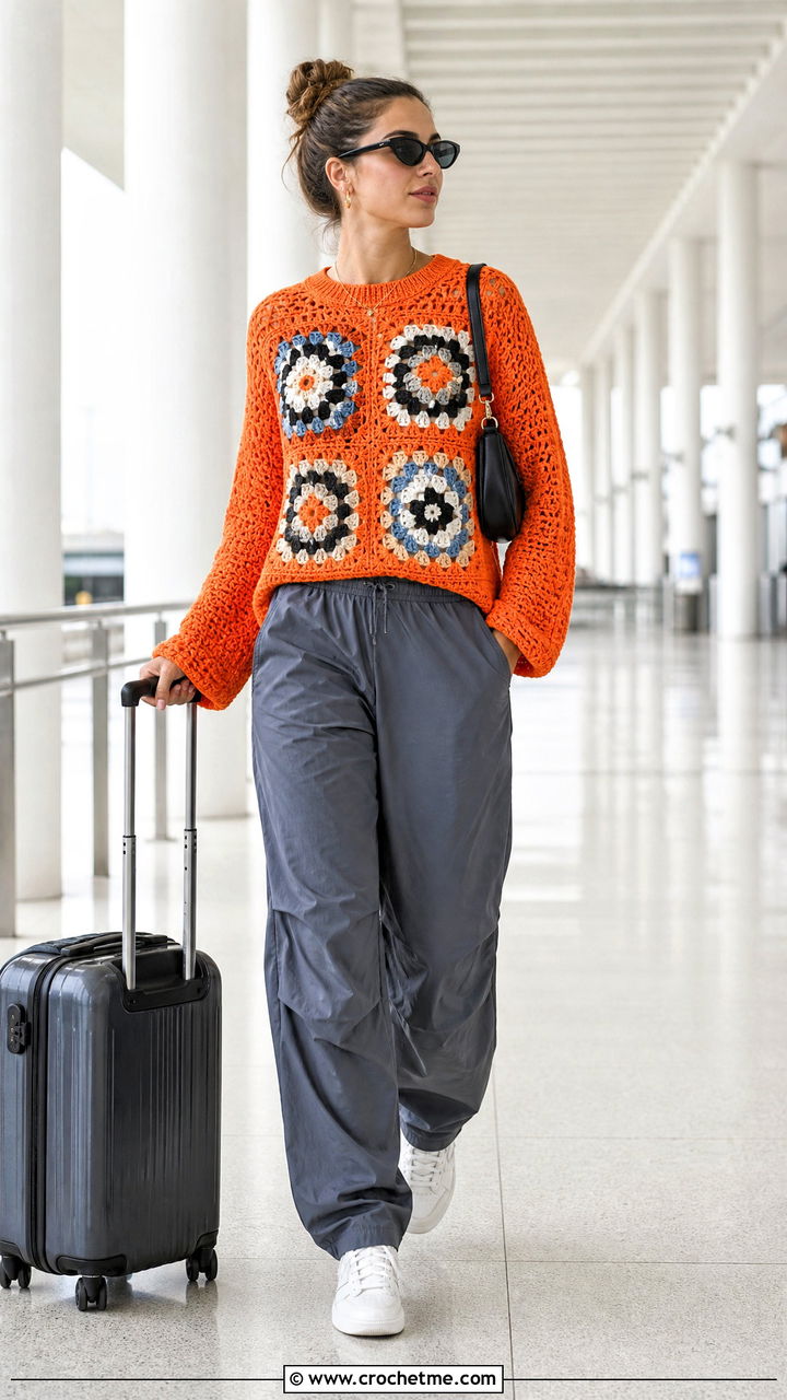 Four Square Granny Square Pullover With Parachute Pants - 35 granny square pullover outfit ideas