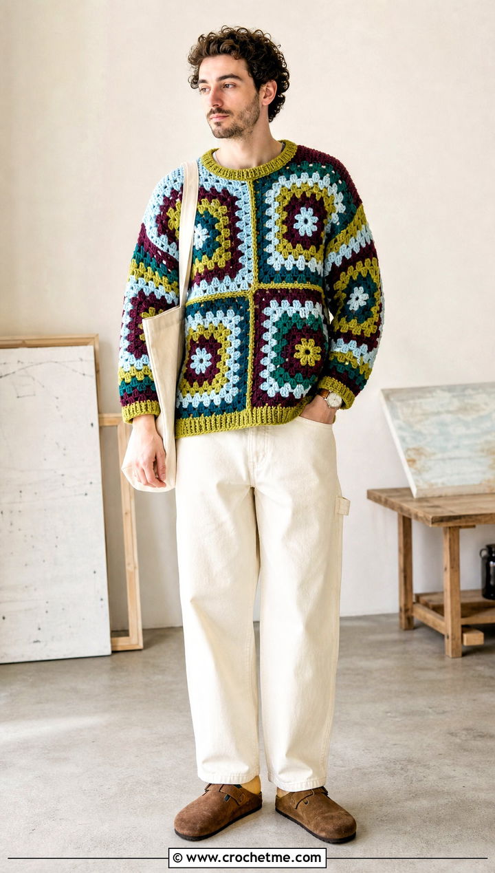 Four Square Granny Square Sweater With Carpenter Jeans - 25 Crochet Granny Square Sweater For Men outfit ideas