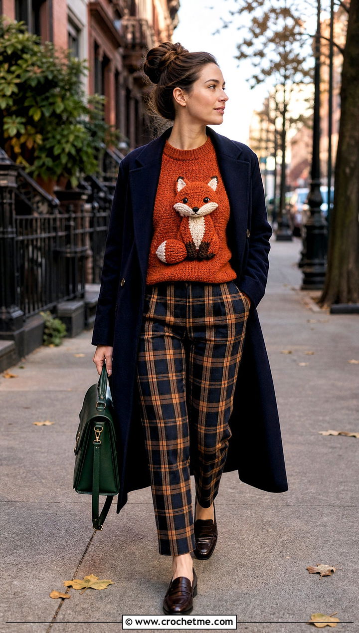 Fox Amigurumi Sweater With Plaid Trousers - 30 amigurumi sweater outfit ideas