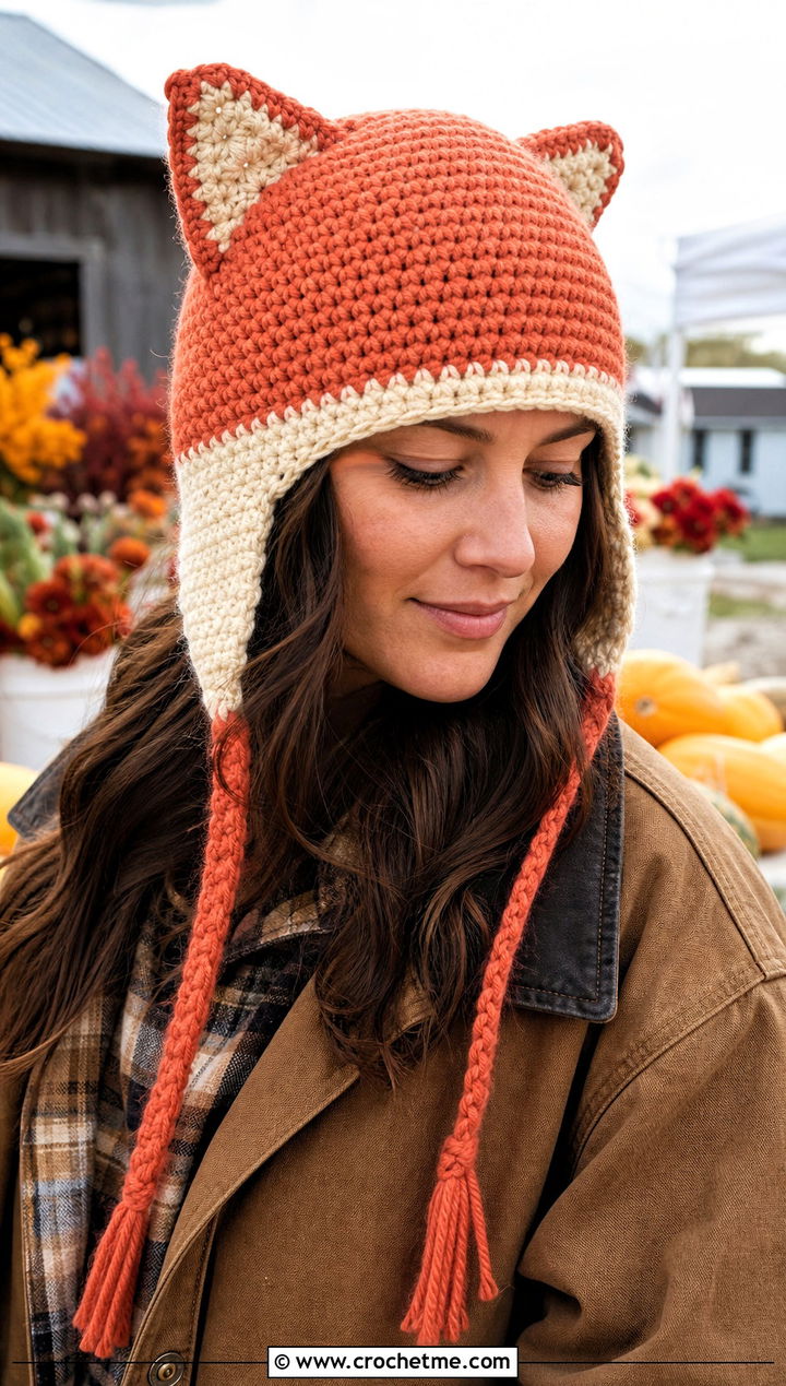 Fox Crochet Ear Flap Hat With Barn Jacket - 30 crochet adult ear flap hat outfit ideas