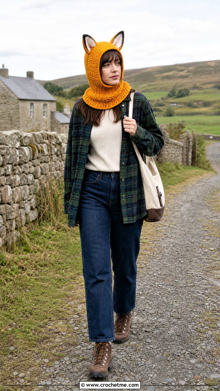 Fox Ear Balaclava With Plaid Overshirt - 35 crochet baclava hat outfit ideas