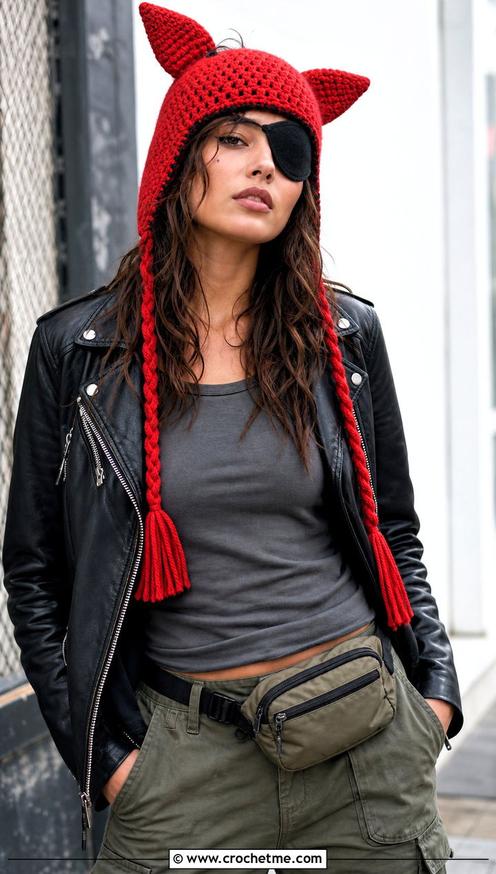 Foxy Crochet Trapper Hat With Moto Jacket And Cargo Pants - 25 fnaf crochet hat outfit ideas