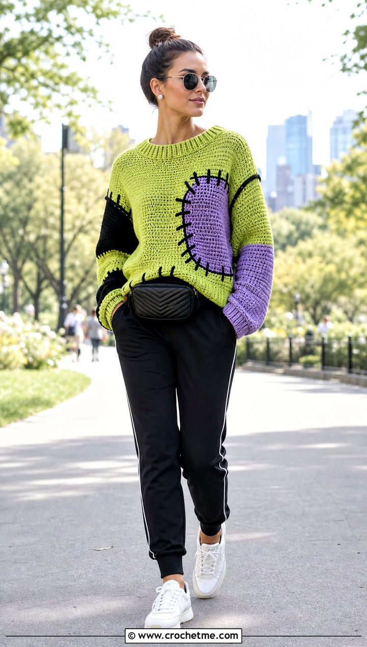 Frankenstein Color Block Crochet Sweater With Track Pants - 15 Spooky Crochet Sweater outfit ideas