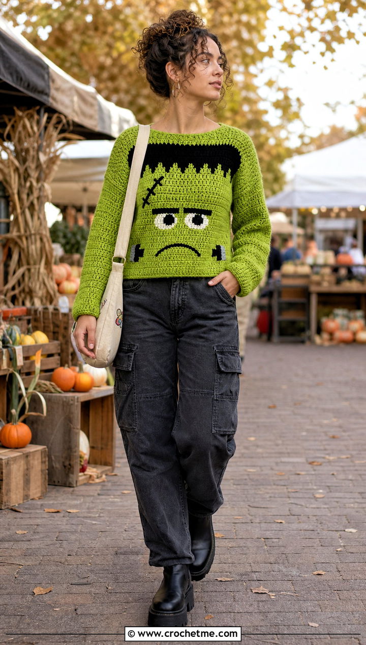 Frankenstein Crochet Halloween Sweater With Utility Pants - 35 Crochet Halloween Sweater outfit ideas