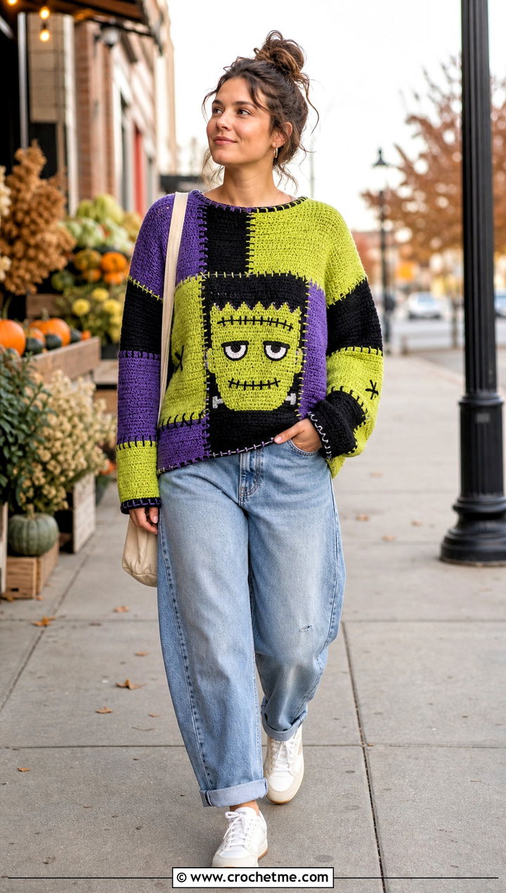 Frankenstein Crochet Pullover With Barrel Jeans - 35 halloween crochet clothes and outfit ideas