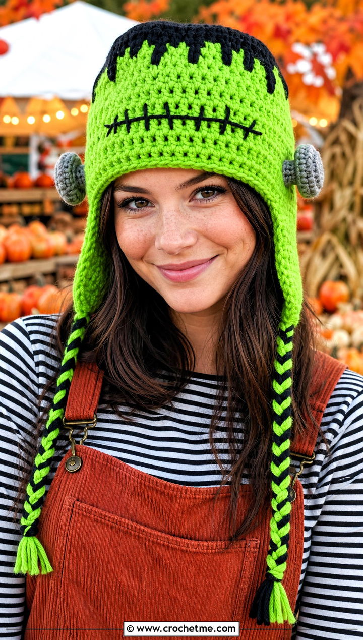 Frankenstein Earflap Beanie With Corduroy Overalls - 25 Halloween Crochet Beanies outfit ideas