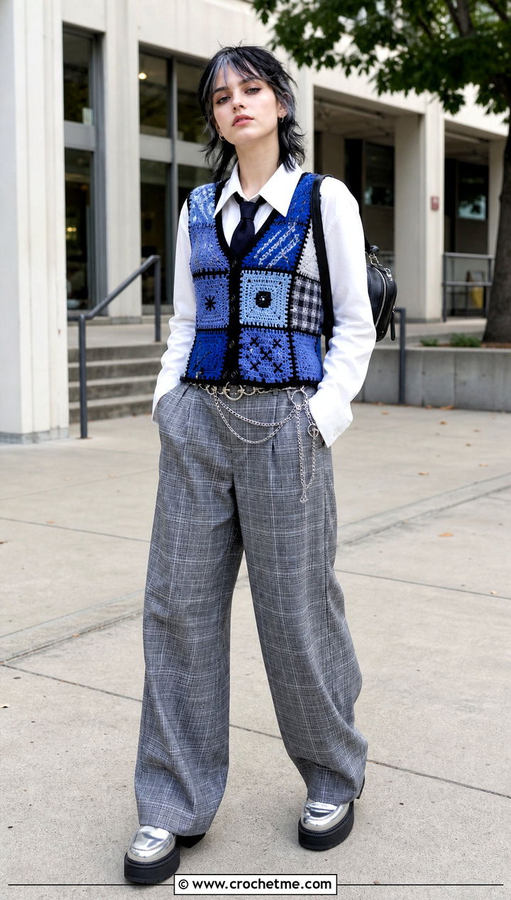 Frankie Stein Patchwork Crochet Vest With Plaid Trousers - 30 monster high crochet clothes and outfit ideas