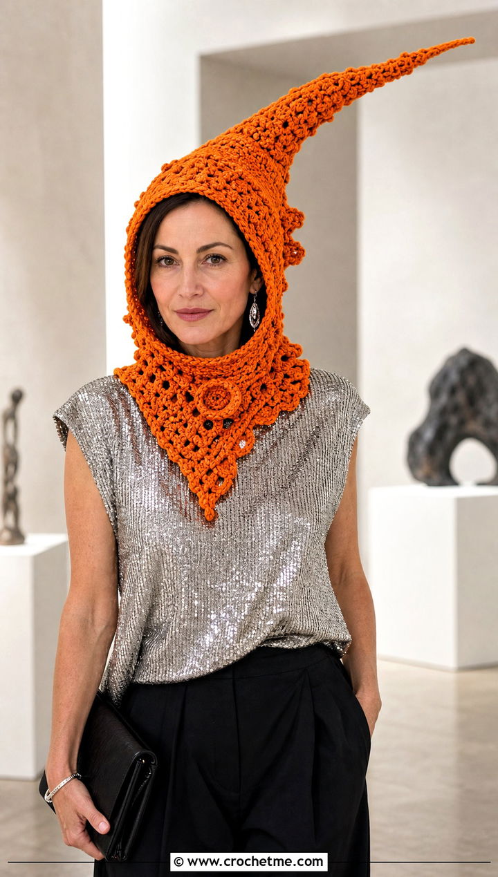 Freeform Pointed Crochet Hood With Sequined Top and Tailored Pants - 20 Pointed Crochet Hat outfit ideas