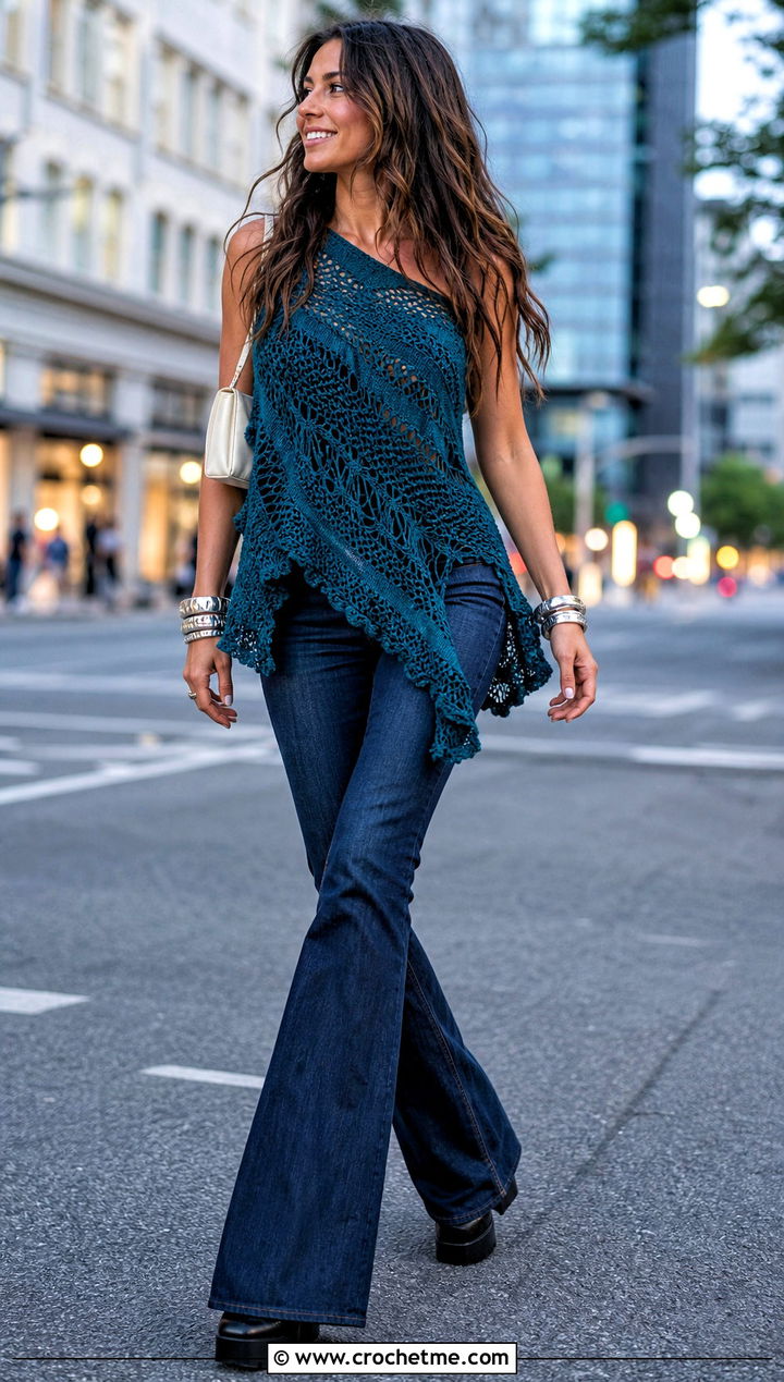 Freehand Asymmetrical Hem Crochet Top With Flared Jeans - 35 freehand crochet top outfit ideas