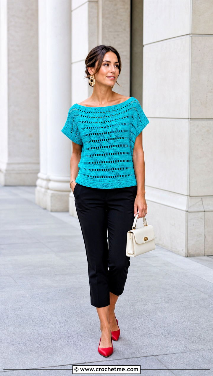 Freehand Boat Neck Crochet Top With Capri Pants - 35 freehand crochet top outfit ideas