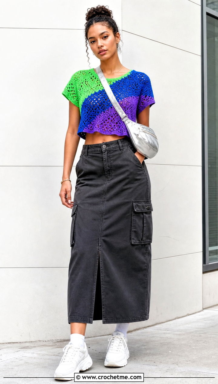 Freehand Color Block Crochet Top With A Cargo Skirt - 35 freehand crochet top outfit ideas