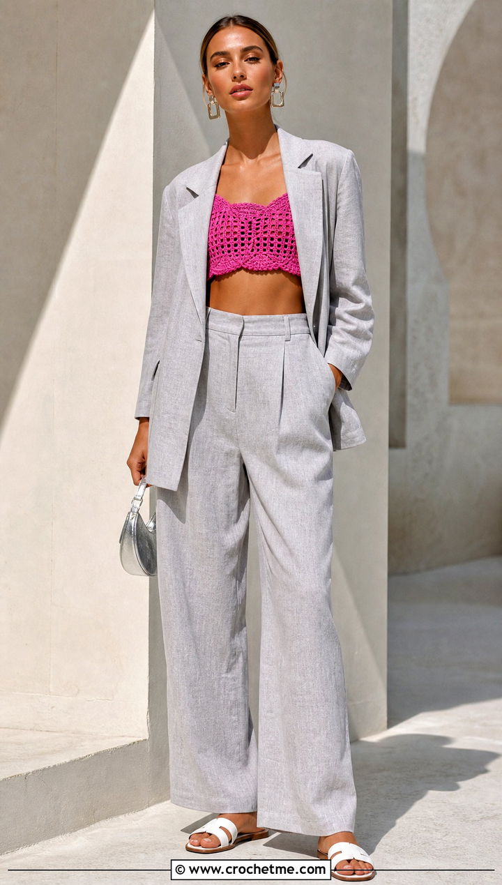 Freehand Crochet Crop Top With A Linen Suit - 35 freehand crochet top outfit ideas