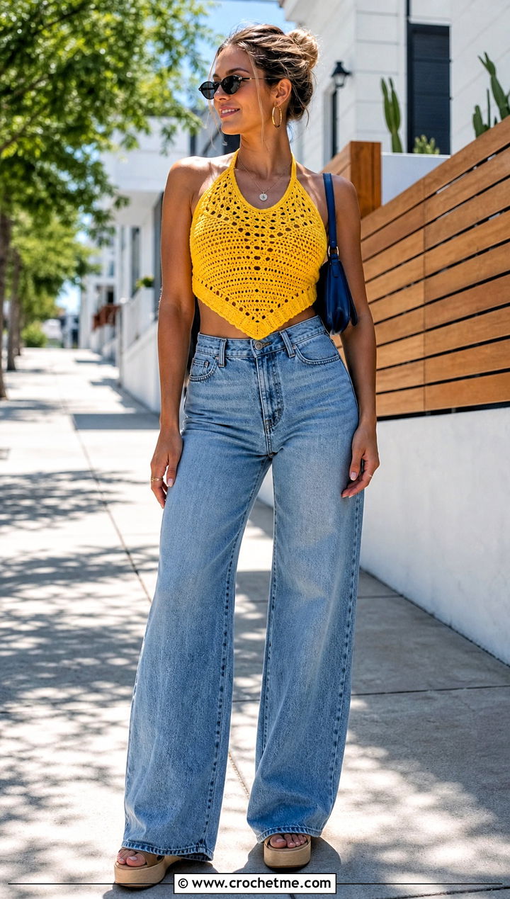 Freehand Crochet Halter Top With Wide Leg Jeans - 35 freehand crochet top outfit ideas