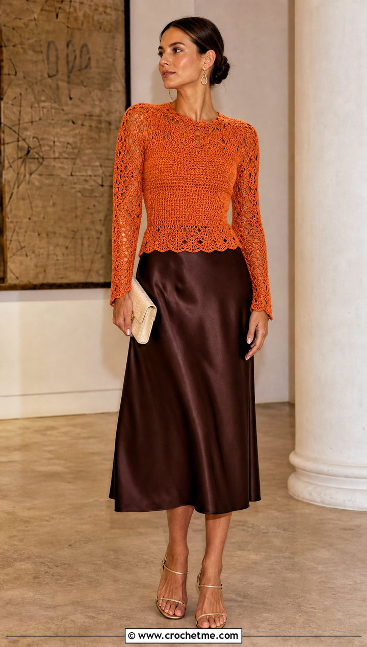 Freehand Crochet Long Sleeve Top With A Satin Skirt - 35 freehand crochet top outfit ideas