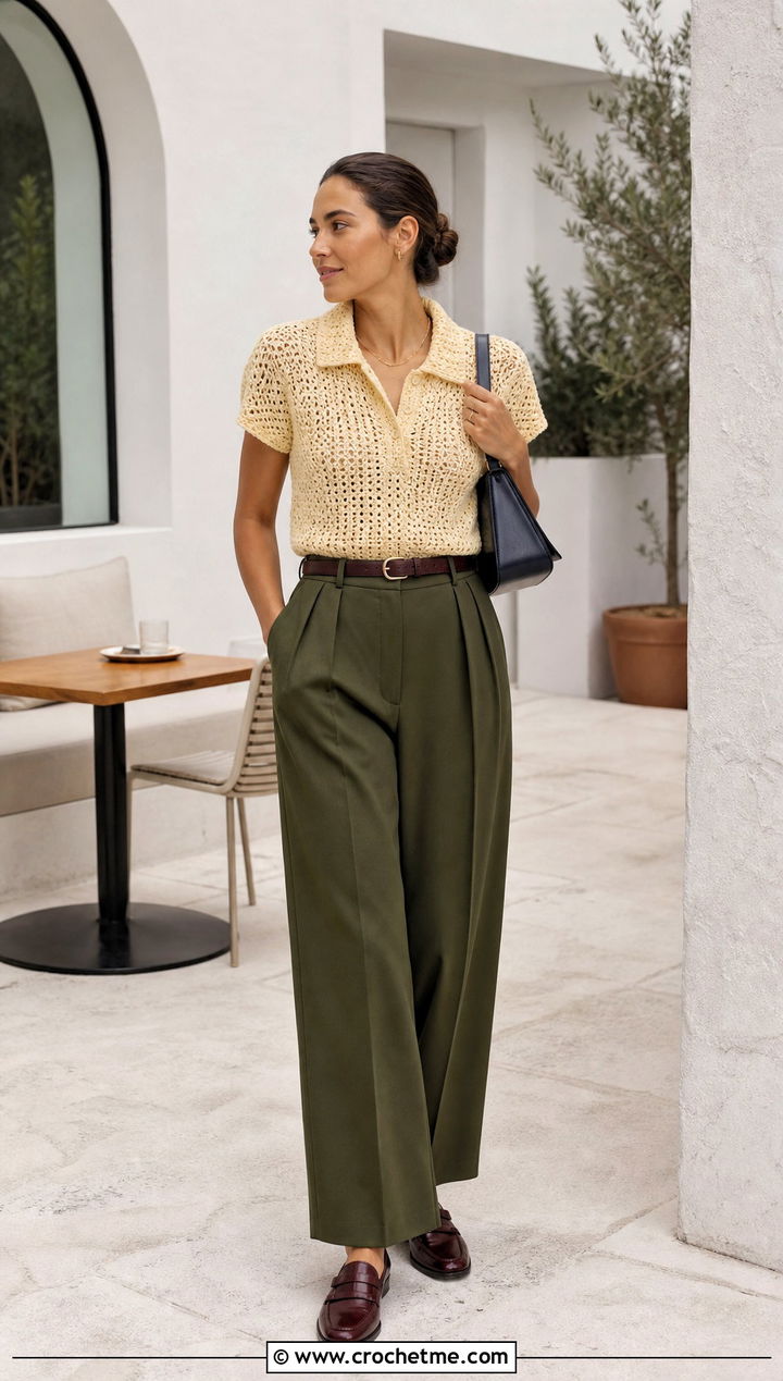 Freehand Crochet Polo Top With Pleated Pants - 35 freehand crochet top outfit ideas