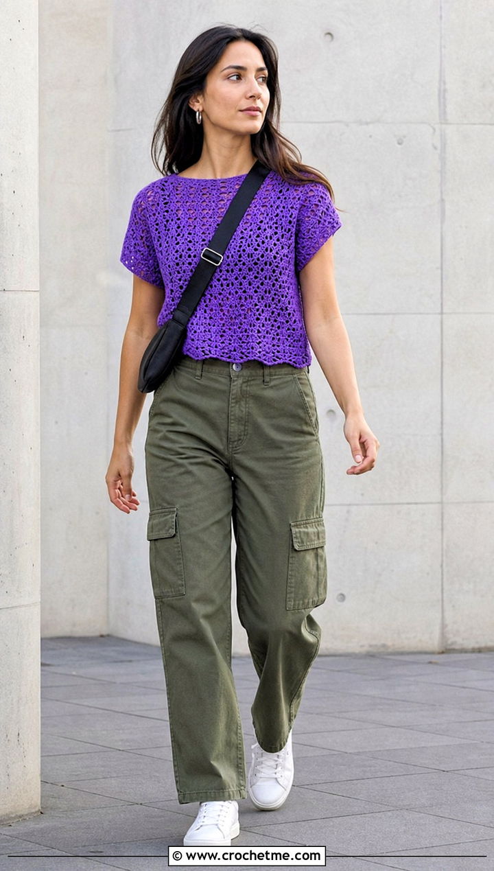Freehand Crochet T Shirt Top With Cargo Pants - 35 freehand crochet top outfit ideas