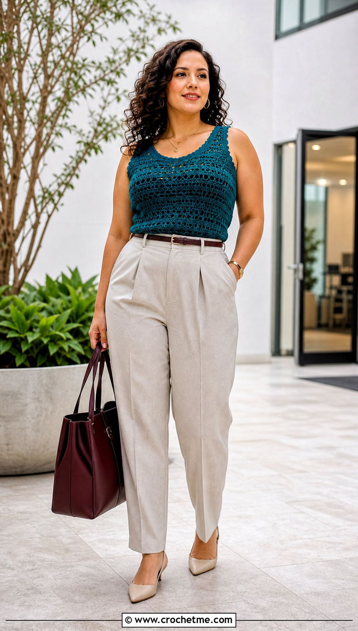 Freehand Crochet Tank Top With Tailored Trousers - 35 freehand crochet top outfit ideas