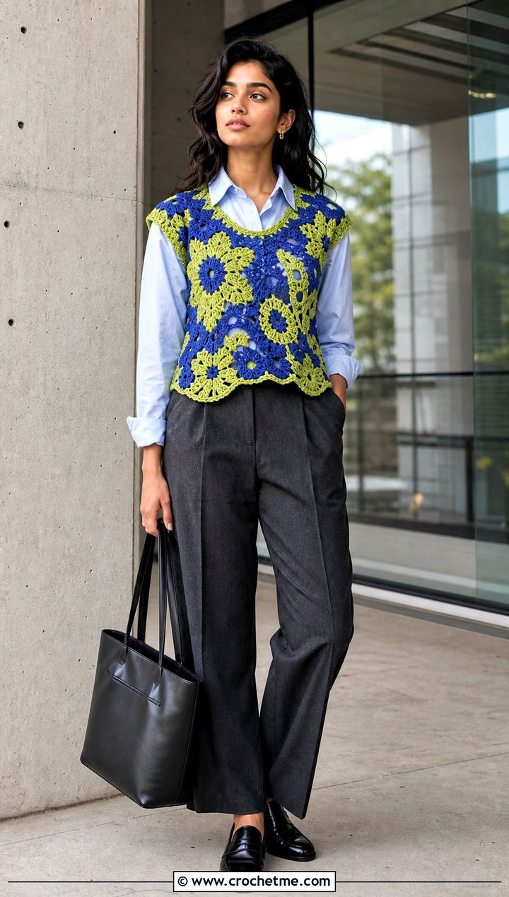 Freehand Crochet Vest Top With A Button Down Shirt - 35 freehand crochet top outfit ideas