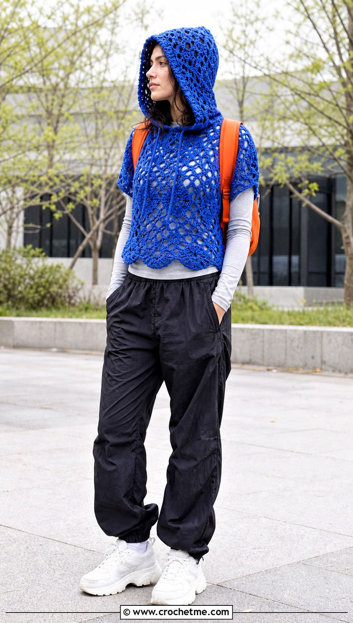 Freehand Hooded Crochet Top With Parachute Pants - 35 freehand crochet top outfit ideas