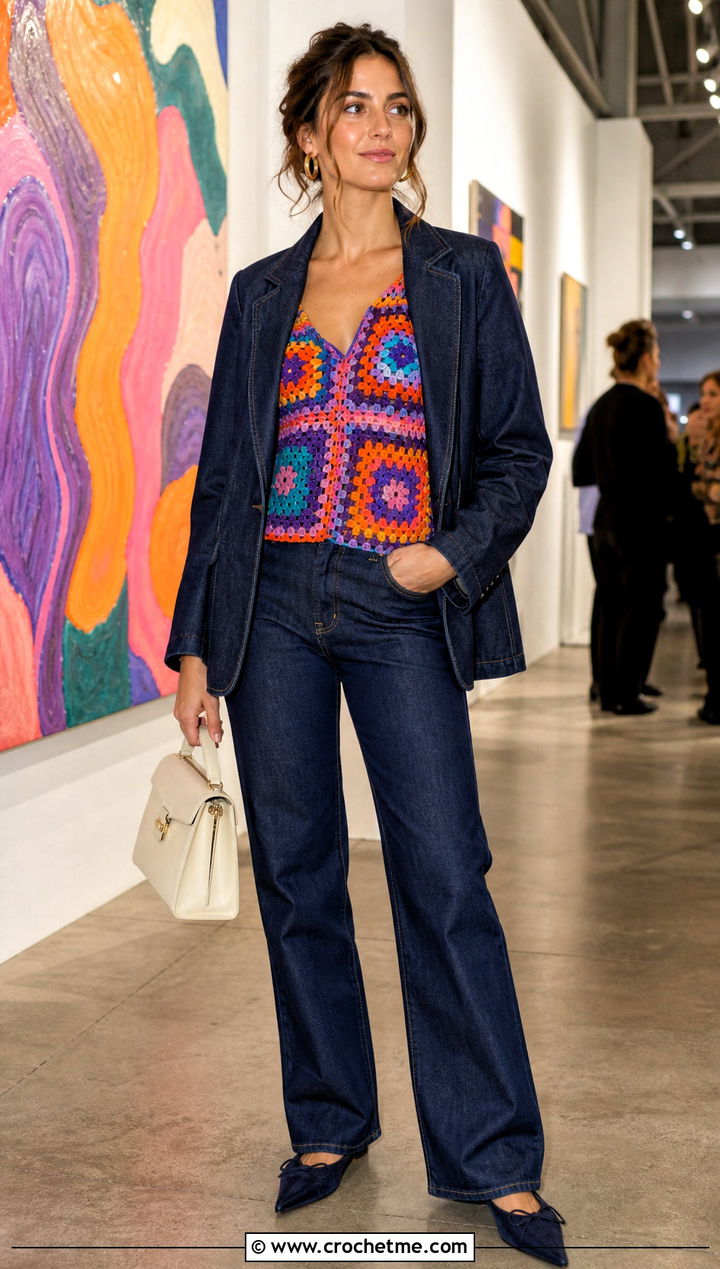Freehand Motif Crochet Top With A Denim Suit - 35 freehand crochet top outfit ideas