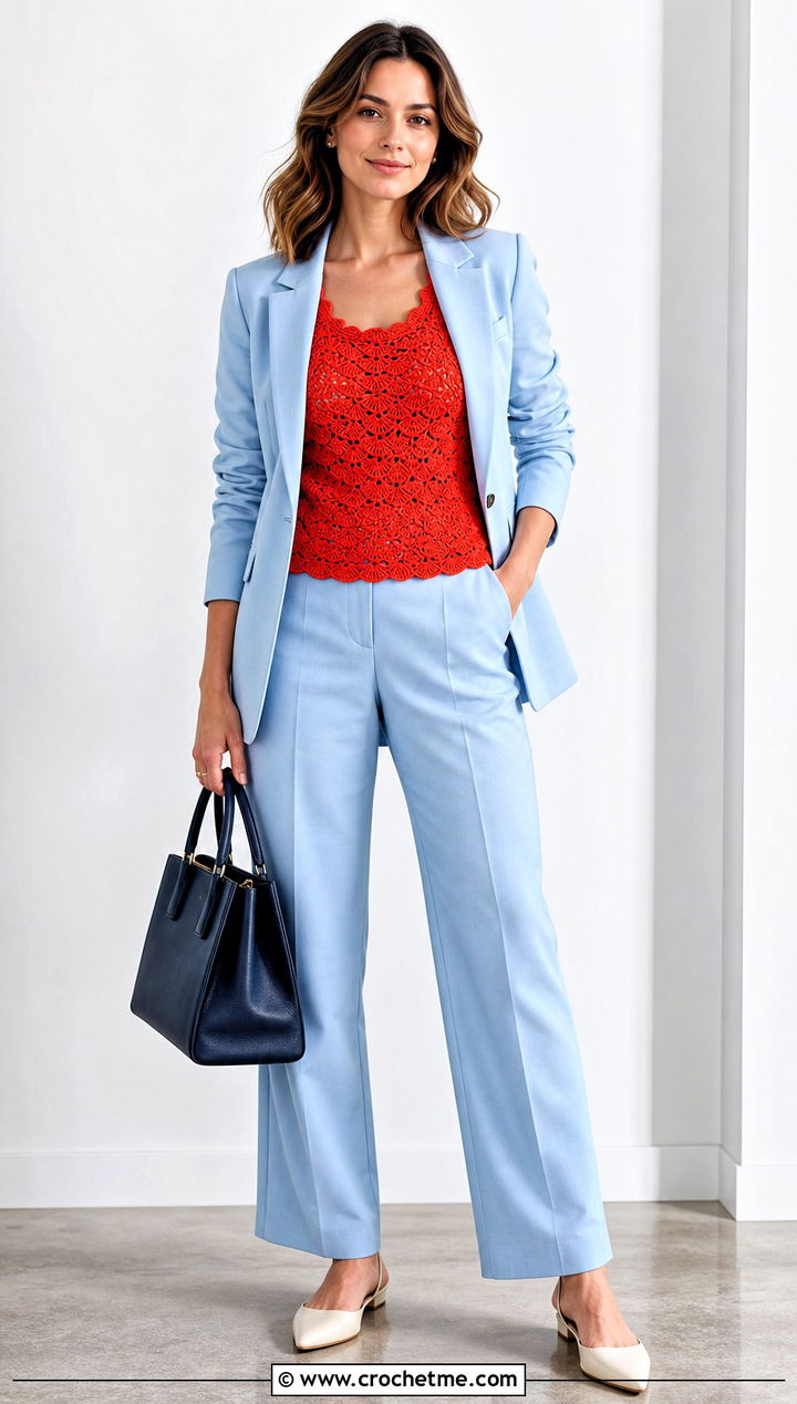 Freehand Sleeveless Shell Crochet Top With A Pantsuit - 35 freehand crochet top outfit ideas