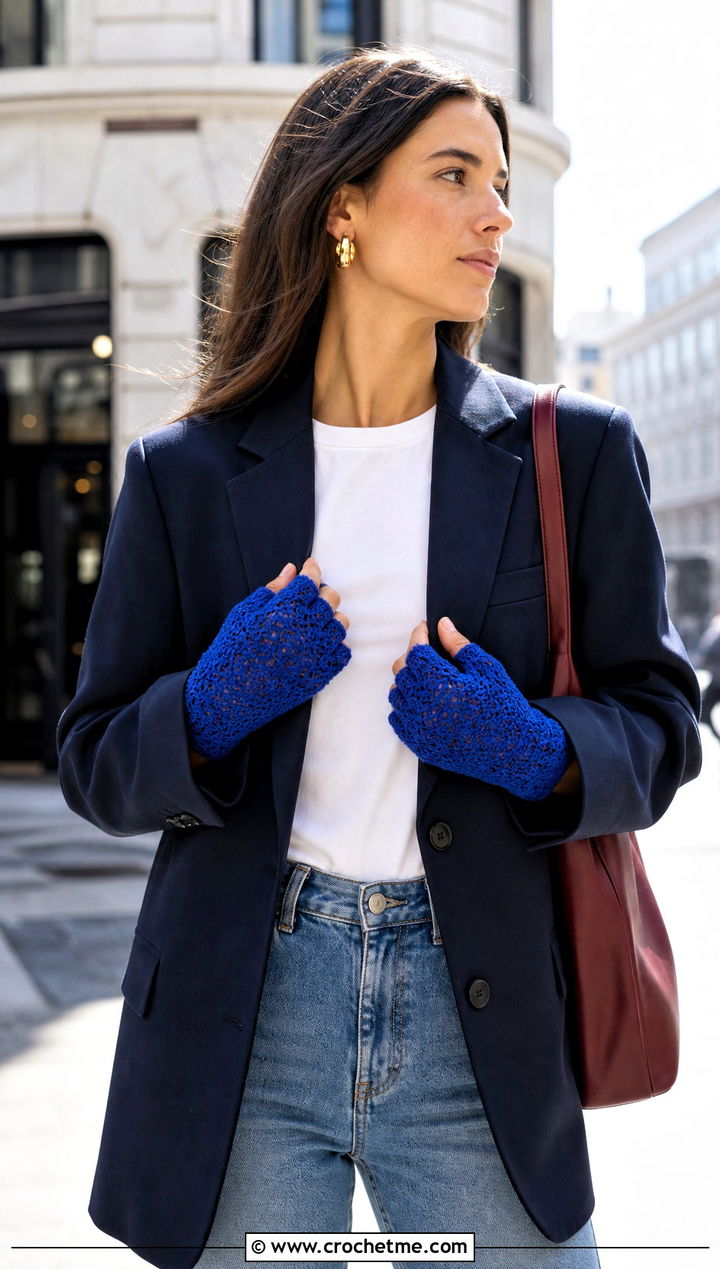 French Crochet Shortie Gloves With Jeans And Blazer - 25 Vintage Crochet Gloves outfit ideas