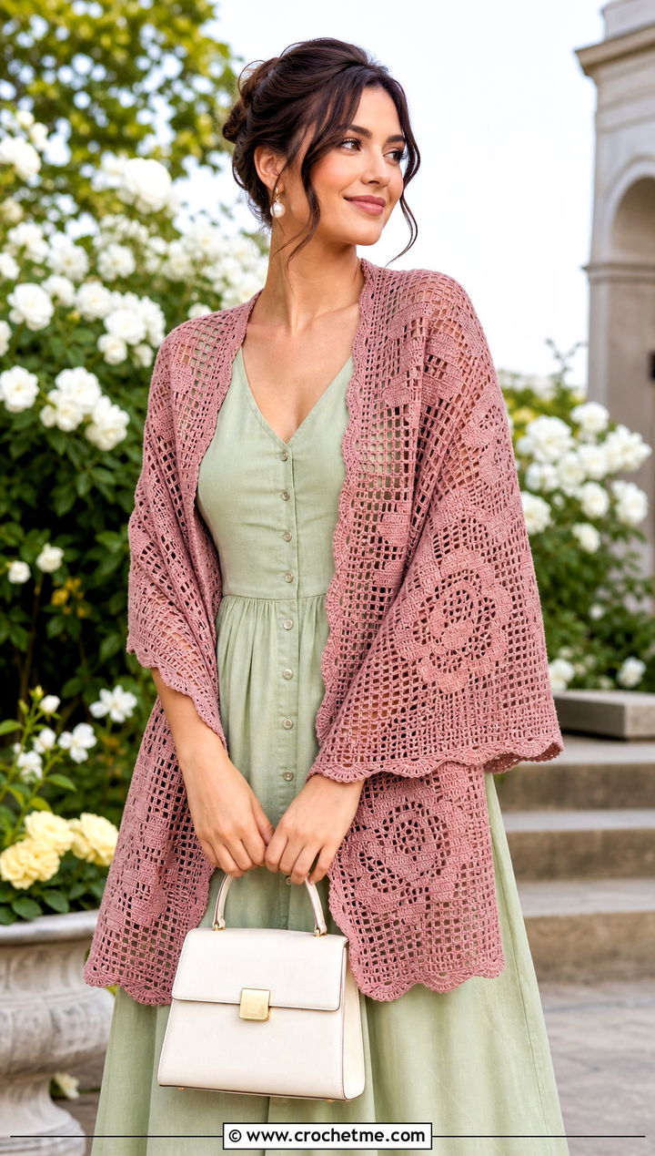 French Garden Filet Crochet Shawl With Button Front Midi Dress - 15 french garden filet crochet shawl outfit ideas