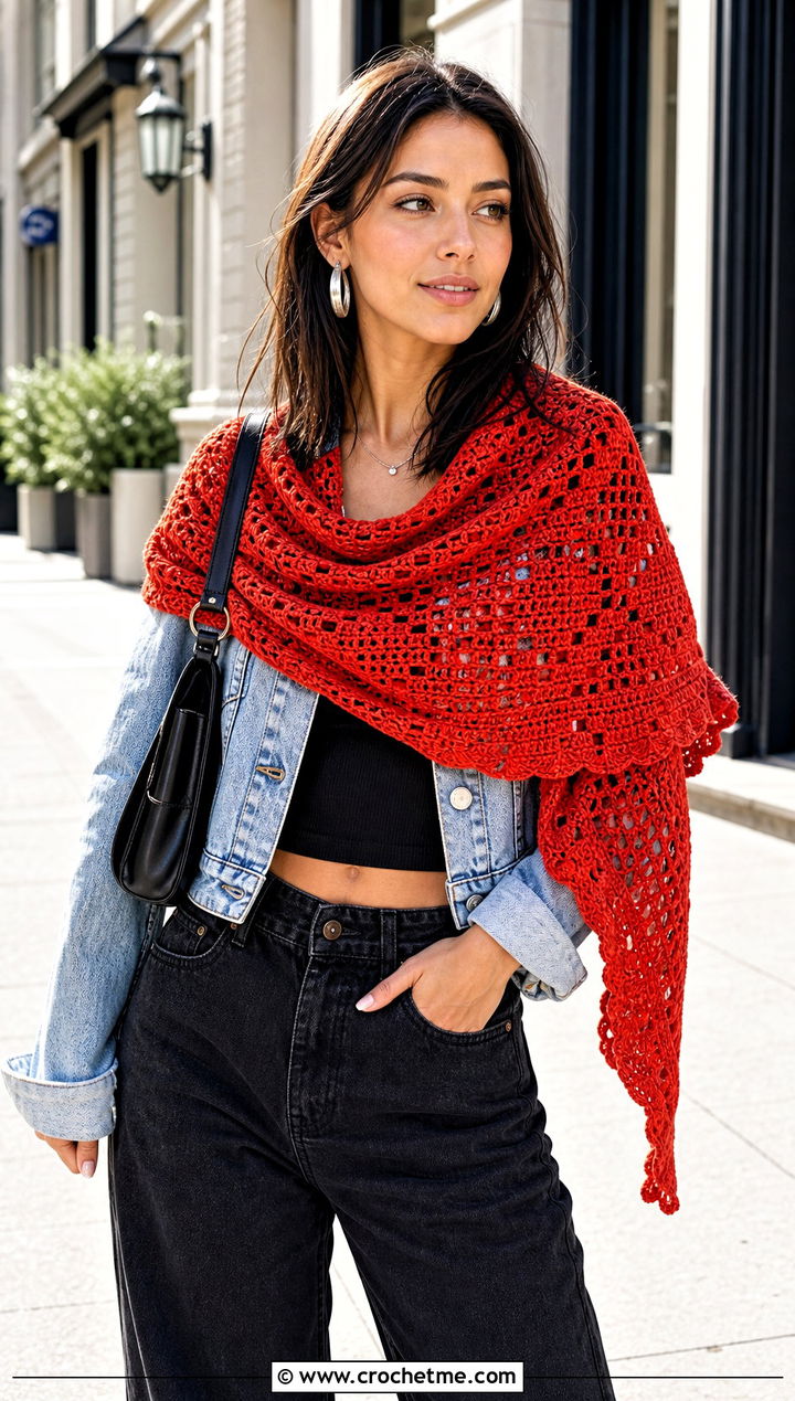 French Garden Filet Crochet Shawl With Denim Jacket - 15 french garden filet crochet shawl outfit ideas
