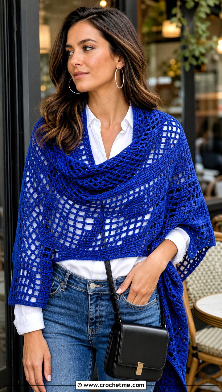 French Garden Filet Crochet Shawl With Jeans And White Shirt - 15 french garden filet crochet shawl outfit ideas