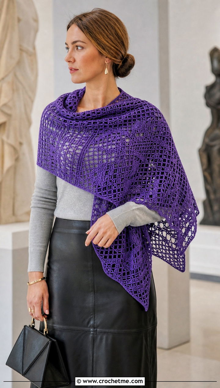 French Garden Filet Crochet Shawl With Leather Midi Skirt - 15 french garden filet crochet shawl outfit ideas